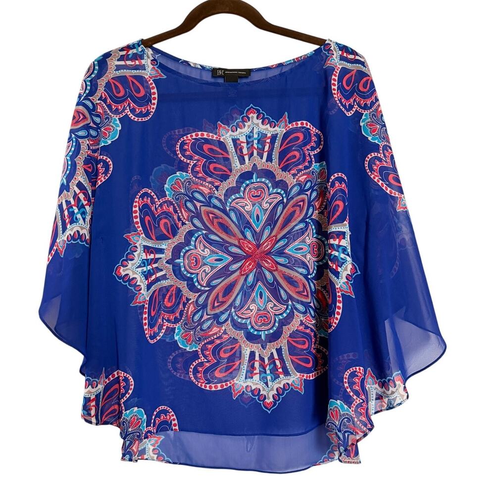 INC International Concepts Tribal Clover Blouse Size 8 Blue Sheer NWT
